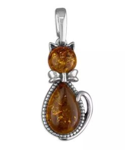 Sterling silver cat pendant with cognac Baltic amber gemstones