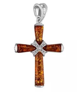 925 sterling silver amber cross pendant with sparkling centre detail on silver chain