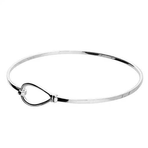 Elegant 925 sterling silver bangle bracelet featuring a sleek, minimalist design with a delicate open teardrop detail at the center.