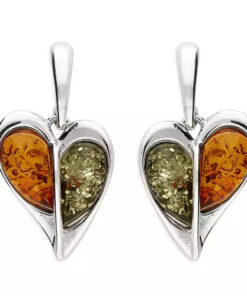 Sterling silver heart-shaped earrings with amber stones in green and honey tones.