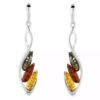 Sterling silver drop earrings with marquise-shaped amber stones in green, honey, and cognac tones set in an elegant flowing design.