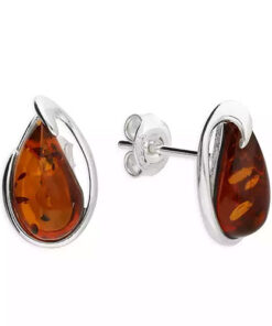 Sterling silver stud earrings with teardrop-shaped Baltic amber stones in a modern silver curve design.