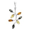 Sterling silver pendant with multi-coloured Baltic amber leaves in green, cognac, and honey tones