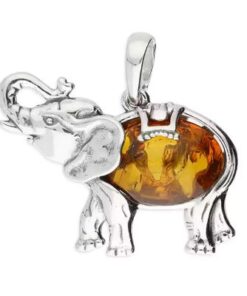 Sterling silver elephant pendant with cognac Baltic amber body