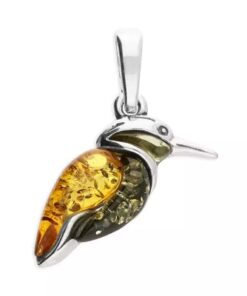 Sterling silver kingfisher pendant with golden and green amber inlays