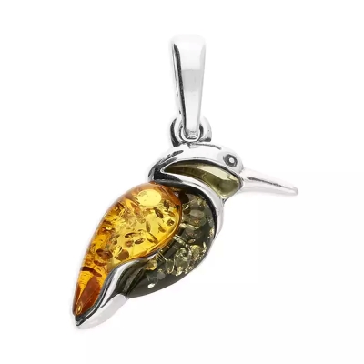 Sterling silver kingfisher pendant with golden and green amber inlays