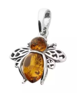 Sterling silver bee pendant with genuine cognac Baltic amber gemstones