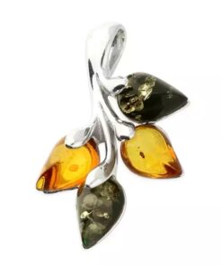 Sterling silver amber leaf pendant with green and cognac Baltic amber stones