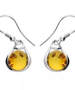 925 Sterling Silver Amber Drop Earrings featuring teardrop design with golden cognac Baltic amber.