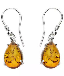 Sterling silver drop earrings with rectangular Baltic amber stones and delicate silver leaf detail.