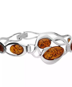 925 sterling silver bangle bracelet with multiple oval amber gemstones set in an artistic openwork design.