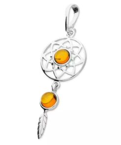 Sterling silver dreamcatcher pendant with cognac Baltic amber stones and feather detail