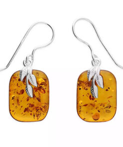 Sterling silver drop earrings featuring square-shaped Baltic amber with delicate silver leaf accents.