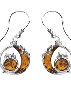 Sterling silver owl and crescent moon drop earrings with amber gemstone accents.