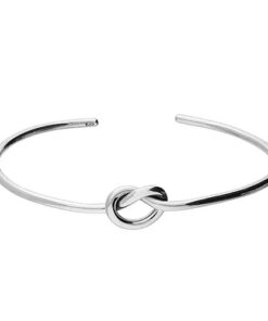 Minimalist 925 sterling silver open bangle bracelet with a central simple knot design and polished finish.