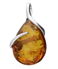 Sterling silver teardrop pendant with cognac Baltic amber cabochon