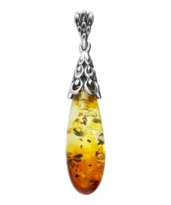 Sterling silver teardrop pendant with natural Baltic amber in honey tones