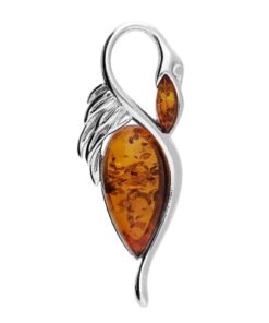 Sterling silver swan pendant with cognac Baltic amber gemstones