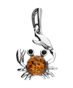 Sterling silver crab pendant with round cognac Baltic amber body