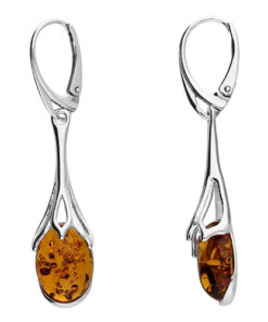 Sterling silver drop earrings with oval amber gemstones in an openwork design.