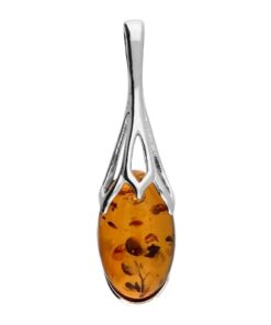 Sterling silver pendant with oval cognac Baltic amber in an elegant openwork silver setting