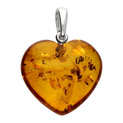 Sterling silver heart-shaped pendant with polished cognac Baltic amber