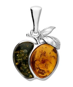 Sterling silver apple pendant with green and cognac Baltic amber and silver leaf detail