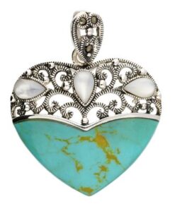 925 sterling silver heart pendant with turquoise, mother of pearl, and marcasite