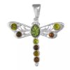 Sterling silver dragonfly pendant with multi-coloured Baltic amber gemstones in green and cognac tones