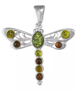 Sterling silver dragonfly pendant with multi-coloured Baltic amber gemstones in green and cognac tones