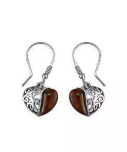 Pair of sterling silver heart-shaped earrings with amber gemstone inlay and decorative swirl detailing.