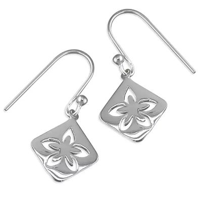 925 sterling silver floral cut-out square drop earrings with polished finish