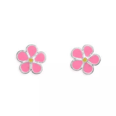 925 sterling silver pink enamel flower stud earrings with yellow centre
