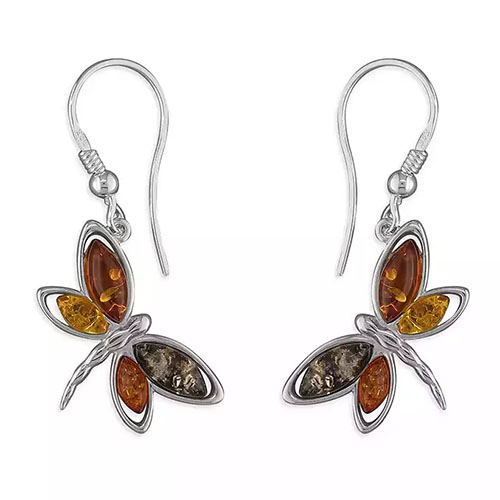 Sterling silver dragonfly drop earrings with multicoloured amber gemstones.