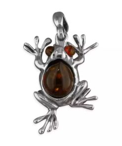 Sterling silver frog pendant with cognac Baltic amber gemstones