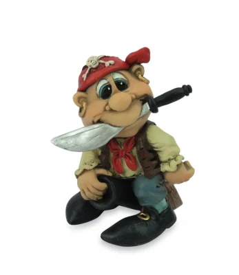 Cornish pirate figurine with red bandana and sword in mouth