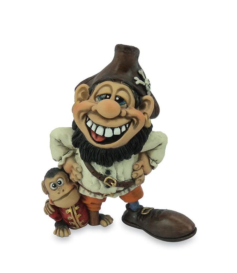 Cornish pirate figurine with wide grin and pet monkey in red coat