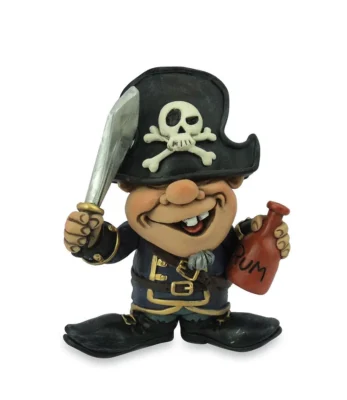 Cornish pirate figurine with skull hat, sword, and rum bottle