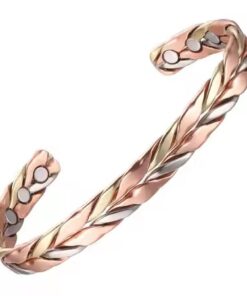 An intricate tri-tone twisted braided bio magnetic copper cuff bracelet displaying an interwoven herringbone design of rose gold, yellow gold, and silver metallic strands, with three circular therapeutic magnets embedded on the inner surface of each open end against a white background.