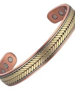 A tri-tone bio magnetic pure copper cuff bracelet featuring a detailed, embossed gold-toned chevron wheat pattern central track bordered by thin silver-toned stripes on a polished copper base, with three circular therapeutic magnets visible on the inner surface of each open end against a white background.