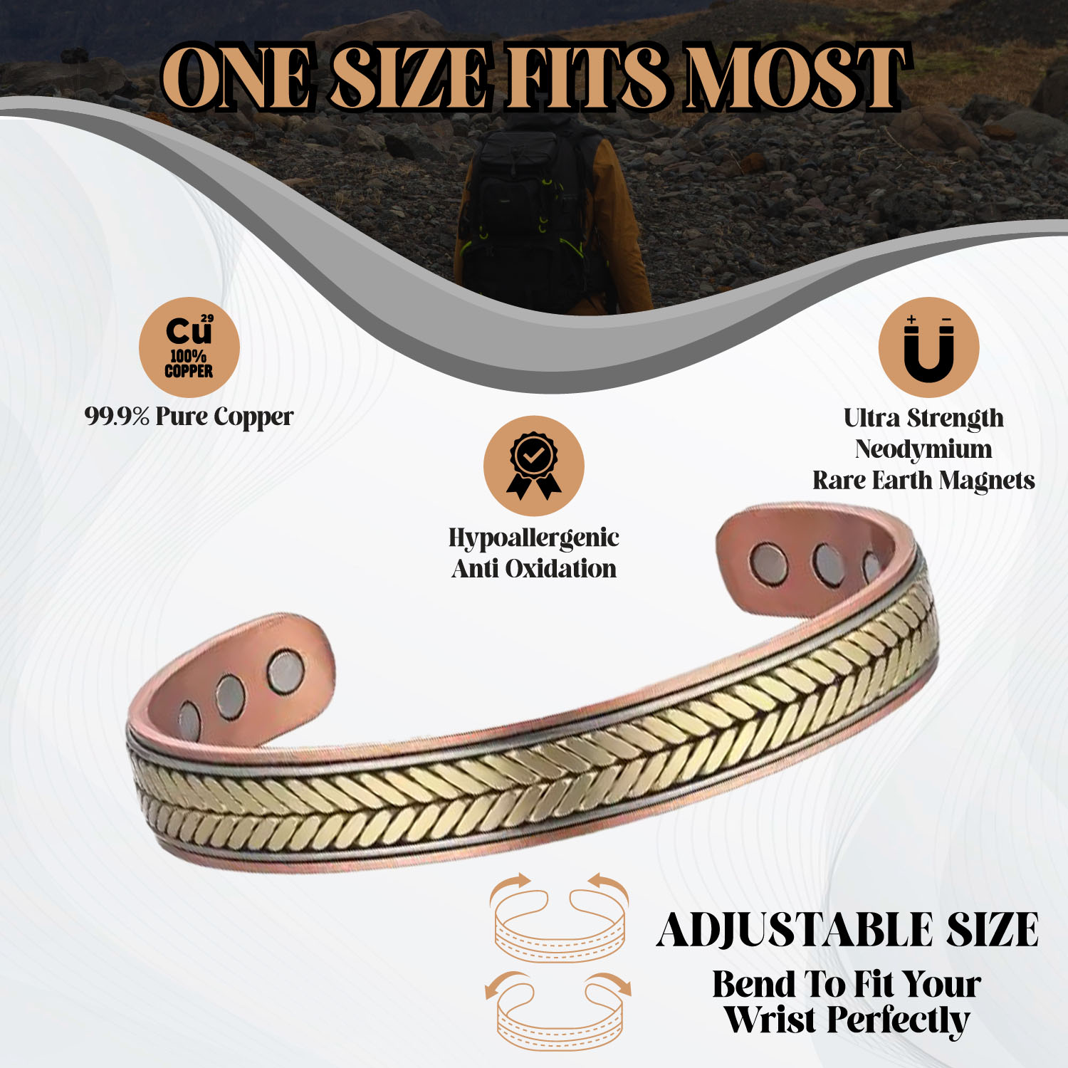Tri-Tone Wheat Pattern Bio Magnetic Copper Bracelet - Timeless Style & Wellness - Image 3