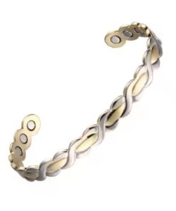 A two-tone bio magnetic cuff bracelet featuring an interlocking infinity wave design with a scalloped edge that alternates between polished silver-toned curves and satin-finished gold-toned leaf segments, showing three circular therapeutic magnets embedded on the inner surface of each open end against a white background.