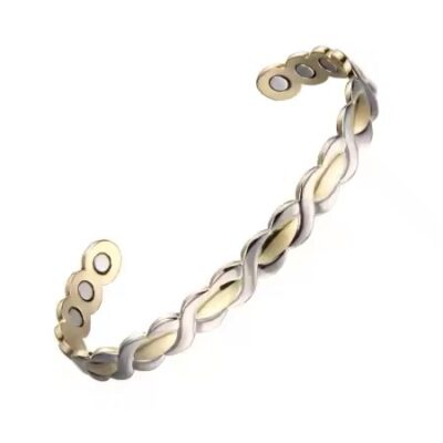 A two-tone bio magnetic cuff bracelet featuring an interlocking infinity wave design with a scalloped edge that alternates between polished silver-toned curves and satin-finished gold-toned leaf segments, showing three circular therapeutic magnets embedded on the inner surface of each open end against a white background.