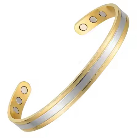 A two-tone tri-band bio magnetic copper cuff bracelet featuring a brushed silver-toned central stripe flanked by polished gold-toned edges, with three visible circular therapeutic magnets embedded on the inner surface of each open end against a white background.