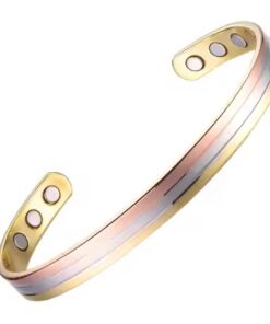 A tri-tone multi-band bio magnetic copper cuff bracelet displaying three parallel metallic stripes of polished gold, brushed silver, and warm rose gold, with three circular therapeutic magnets embedded on the inner surface of each open end against a white background.
