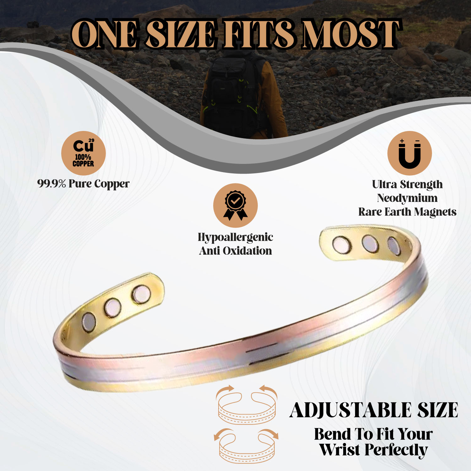 Tri-Tone Multi-Band Bio Magnetic Copper Bracelet - Elegant Healing Energy in 99.9% Pure Copper - Image 3