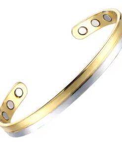 A two-tone split-band bio magnetic copper cuff bracelet displaying a half-and-half design of polished gold and brushed silver metallic finishes, with three circular therapeutic magnets embedded on the inner surface of each open end against a white background.