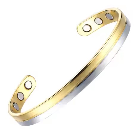 A two-tone split-band bio magnetic copper cuff bracelet displaying a half-and-half design of polished gold and brushed silver metallic finishes, with three circular therapeutic magnets embedded on the inner surface of each open end against a white background.
