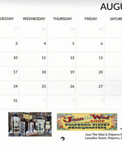 A calendar page for August 2027 titled "Fisherman's Cottages." Below the date grid are logos and contact information for Cornish Image Gallery and Joan the Wad Shop / Polperro Piskey Headquarters, including a small photo of the shopfront.
