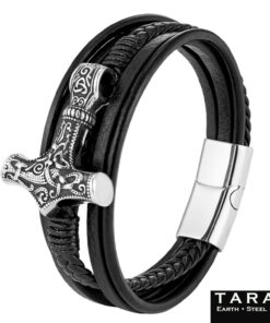 Alternative view of Taran Multi-Strand Black Leather Thor's Hammer Bracelet